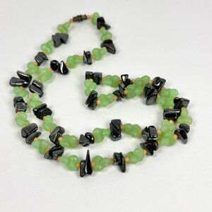 Vintage Green Jade Hematite Beaded Necklace Gemstone Boho Whimsigoth